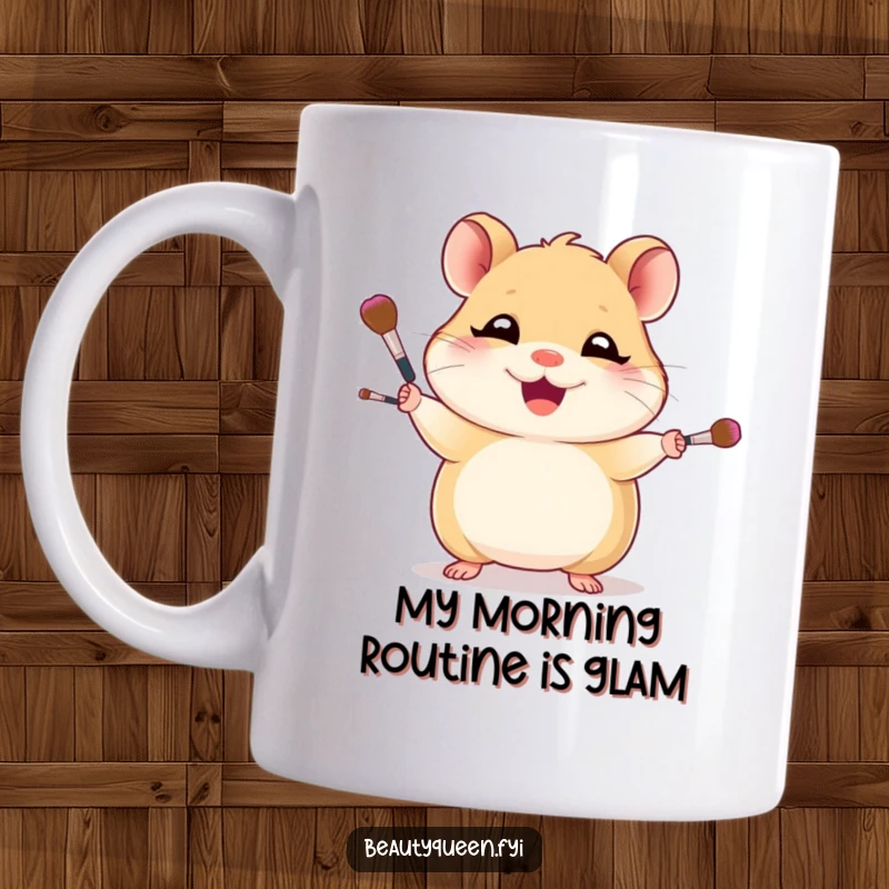 Funny mug showcasing a giggling hamster expertly juggling small makeup brushes with a confident, cheerful grin, perfect for makeup artists.