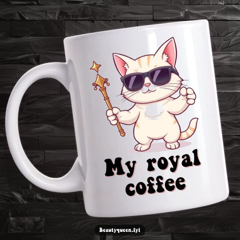 Funny cat mug showing a cool cartoon cat wearing sunglasses and holding a scepter, striking a dramatic pose with authority.