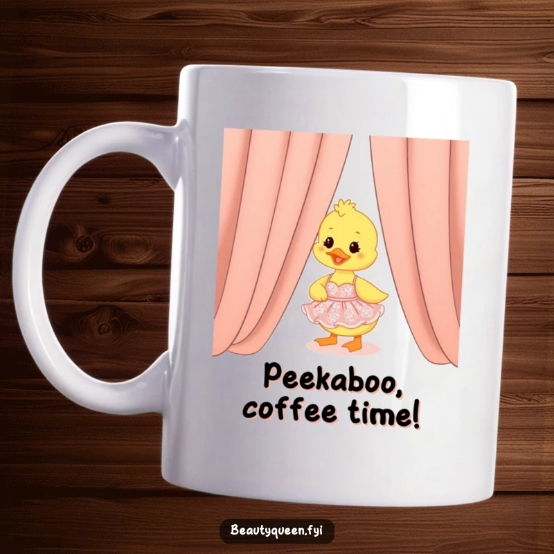 Funny duckling in a shimmering dress peeking from behind a curtain, looking cute and mischievous, perfect for a funny gift.