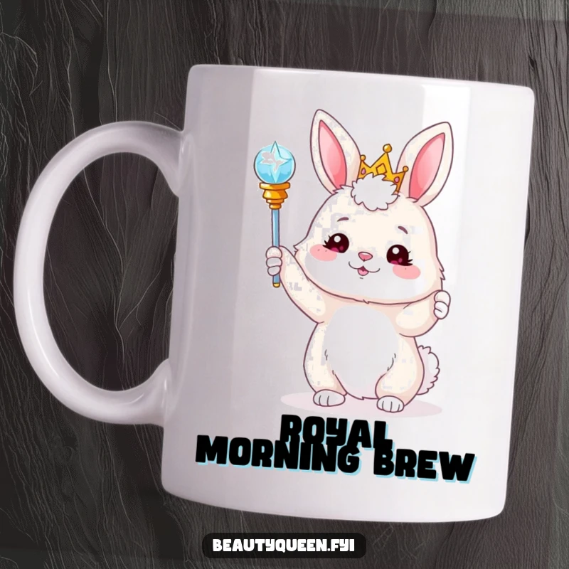 Funny fluffy bunny wearing a tiara, playfully tossing a sparkling scepter high in the air. A whimsical and joyous character for a mug.