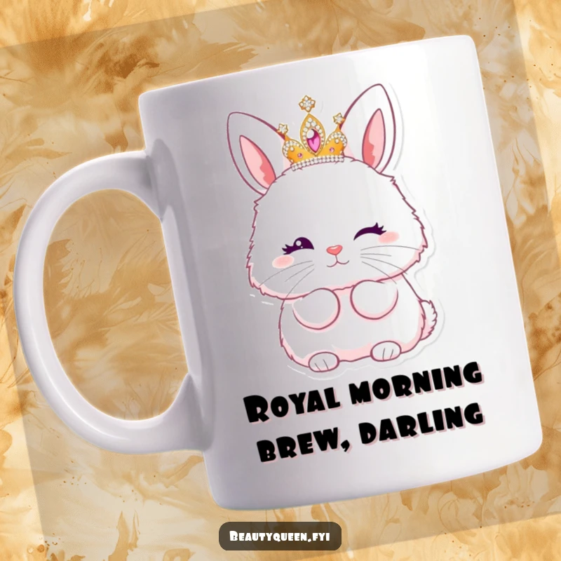 Funny mug of a fluffy bunny wearing a sparkly tiara, winking and blowing a kiss with a playful attitude.