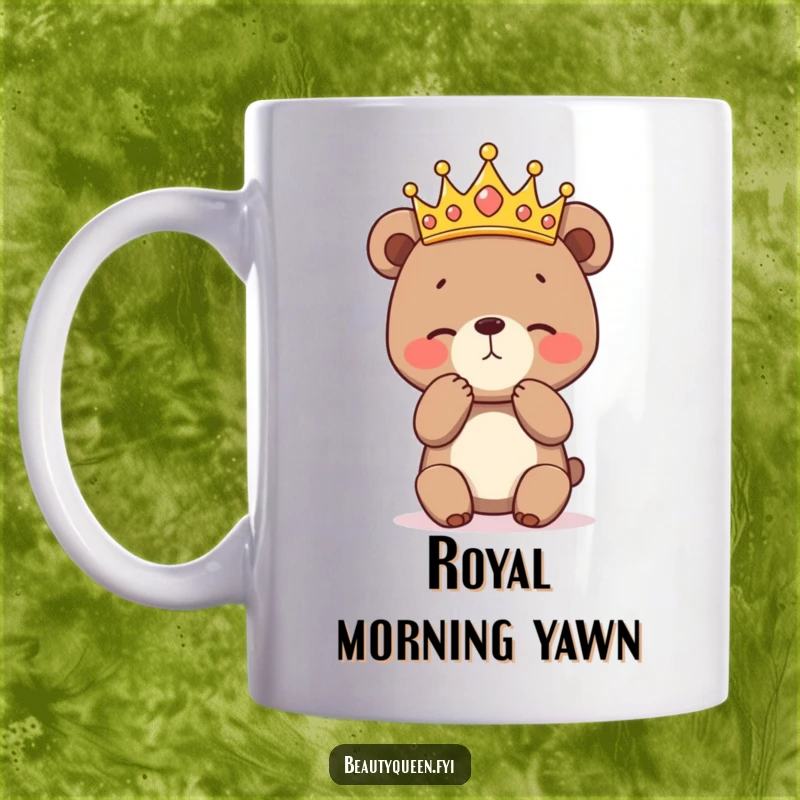Funny mug showing a bashful bear cub wearing a dazzling crown, attempting a graceful curtsey, ideal for lovers of cute animals and gentle humor.