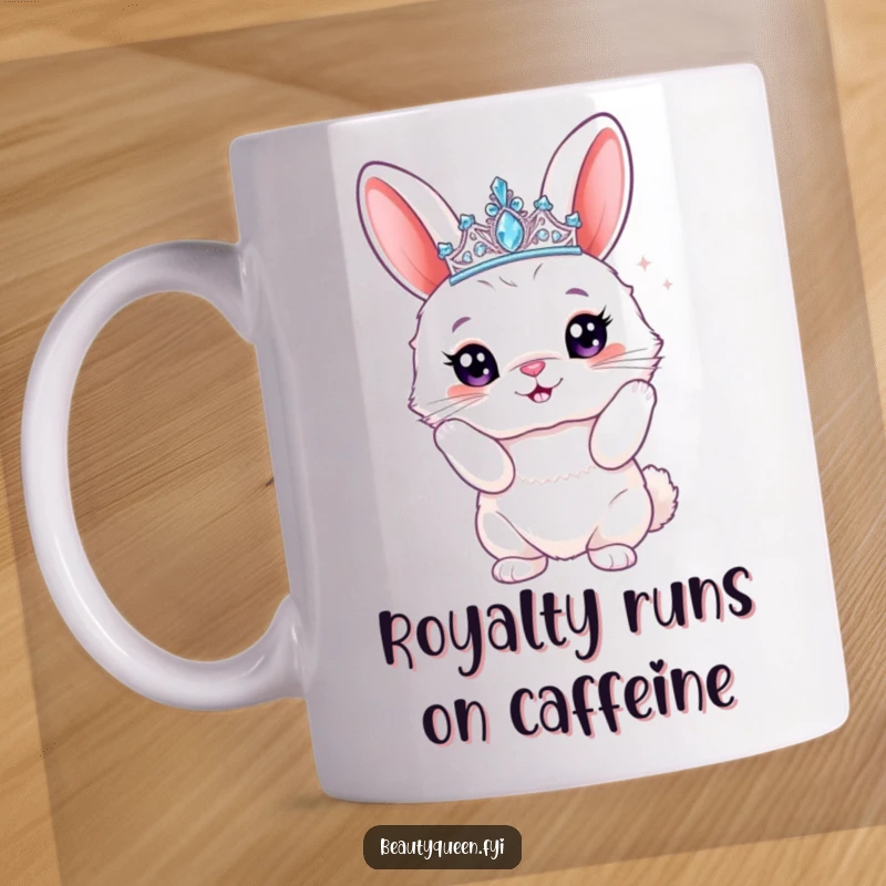 Funny bunny mug featuring a fluffy rabbit in a sparkly tiara striking a proud, regal pose, radiating funny queen vibes.