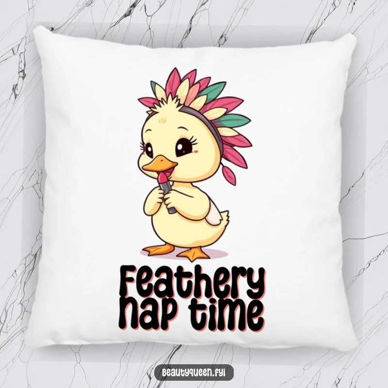 Funny duckling in a feathered headdress posing with lipstick, printed on a soft, decorative pillow for ultimate comfort.