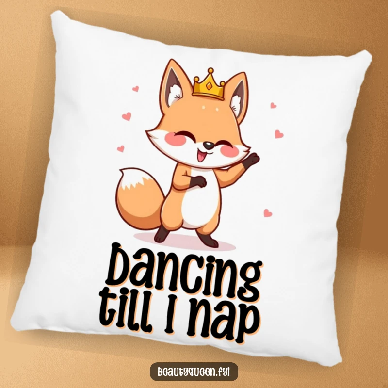 Funny fox pillow featuring a goofy fox with a tilted crown, performing a whimsical dance, perfect for cozy and playful settings.