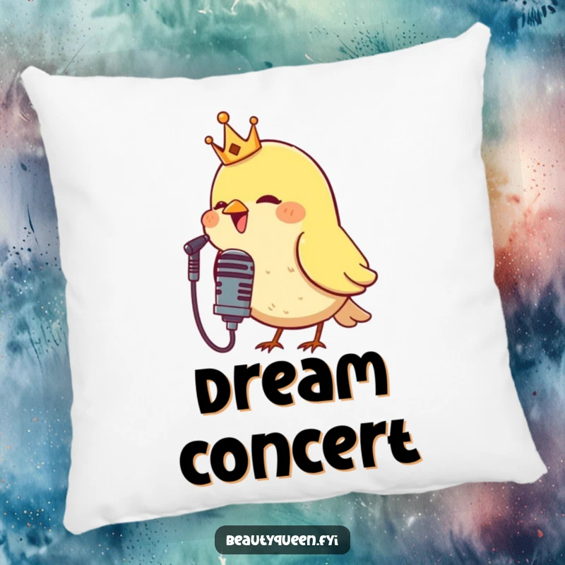 Funny pillow designed with a crowned bird singing into a microphone, offering comfort and a dose of regal humor to any seating area.