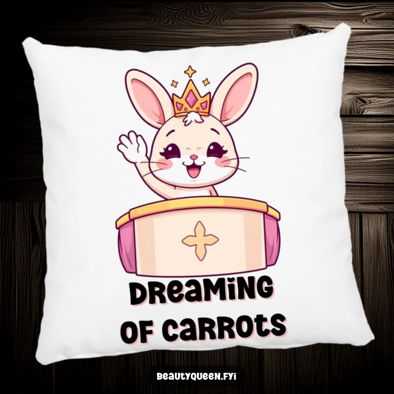 Funny bunny wearing a sparkly tiara waves from a podium, printed on a soft, decorative pillow.