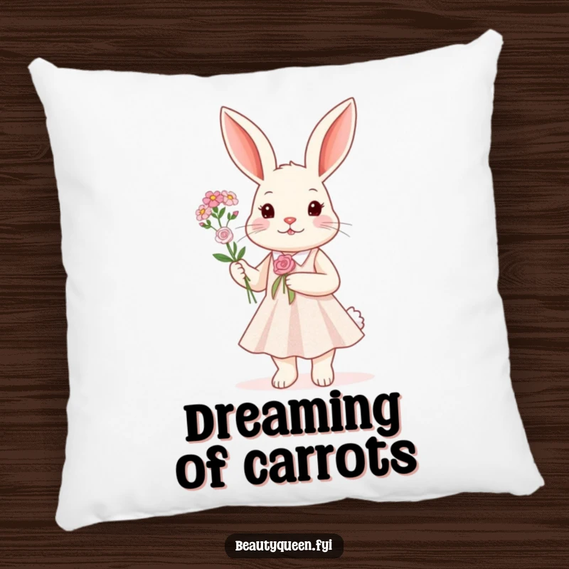 Funny Pillow design displaying a rabbit in a dazzling sparkly dress holding a tiny flower bouquet, offering humorous comfort.