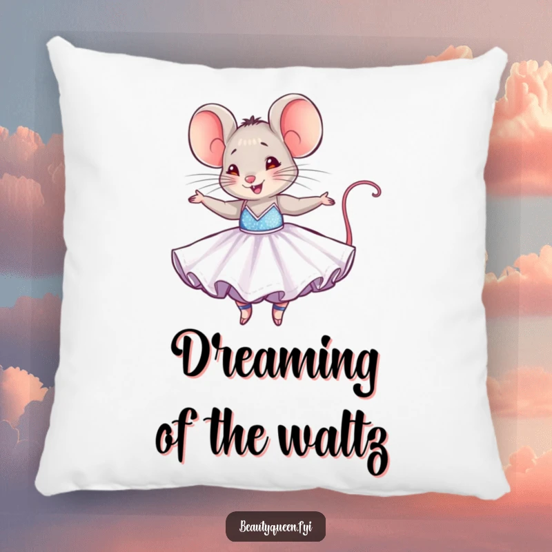 Funny mouse pillow featuring a tiny mouse in a dazzling ballgown, joyfully twirling, perfect for cozy and enchanting settings.