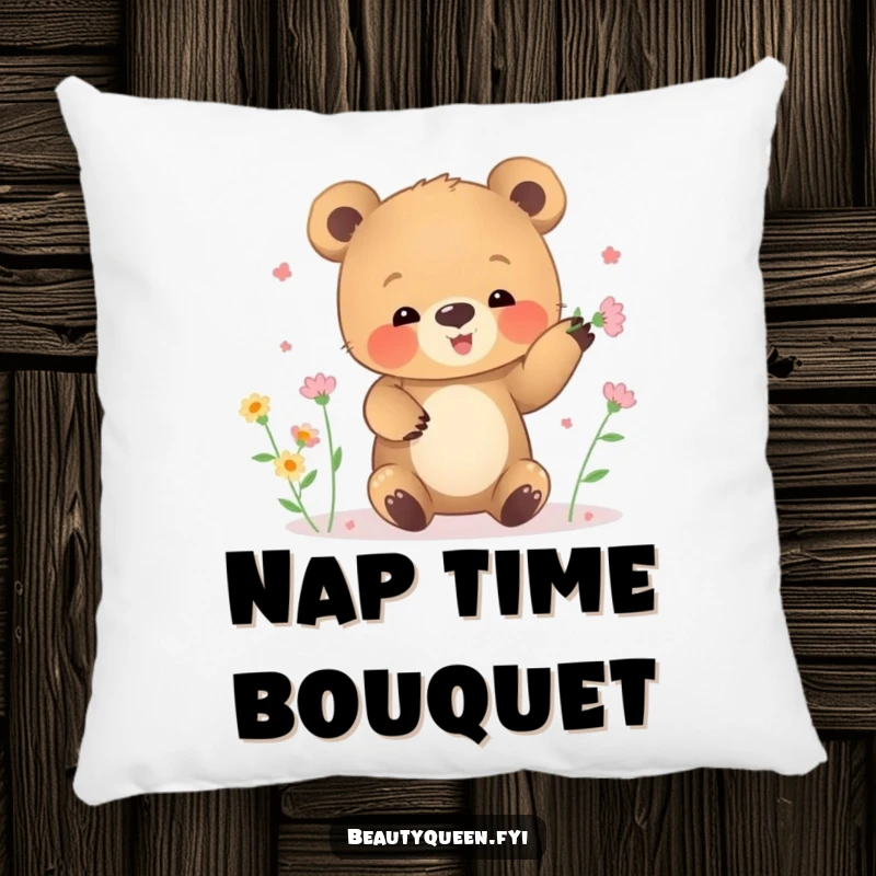 Funny pillow featuring a small bear cub clumsily juggling tiny blooming flowers.
