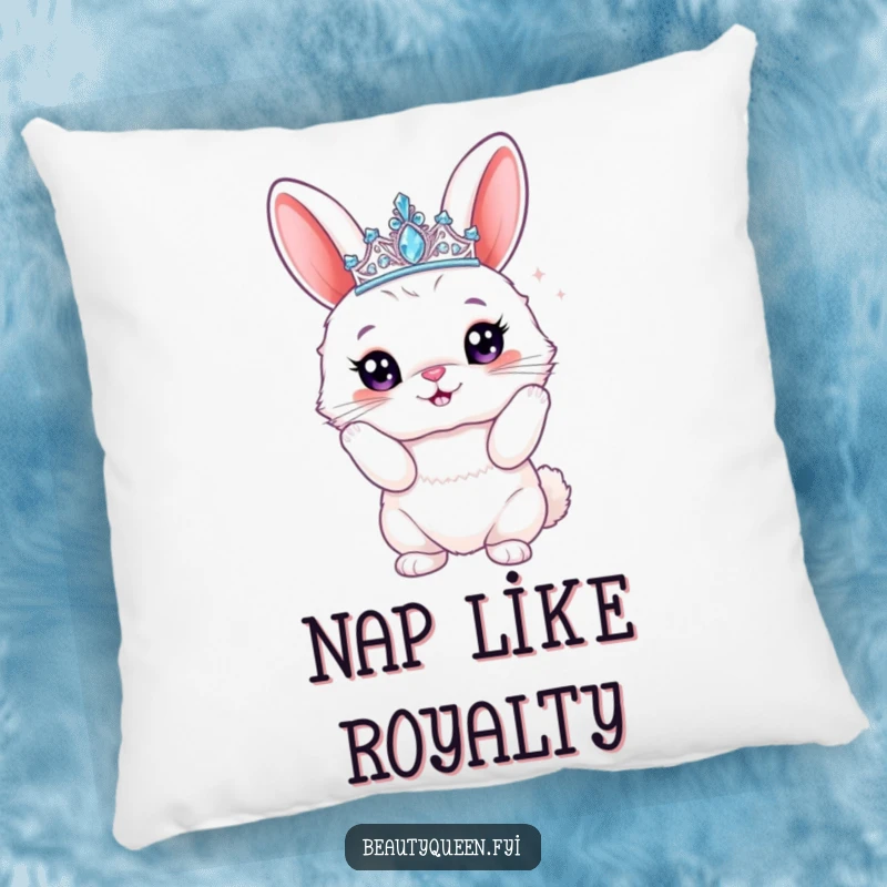 Funny bunny pillow with a fluffy rabbit sporting a sparkly tiara, striking a proud pose, offering cozy comfort with a hilariously royal touch.