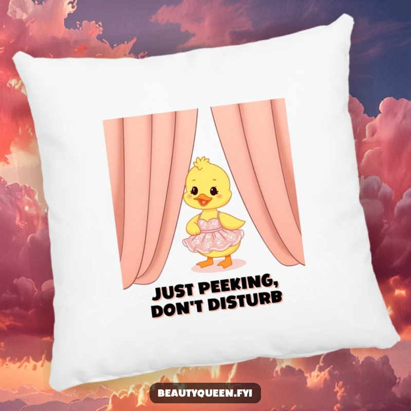Funny duckling in a sparkly dress peeking from behind a curtain, soft and decorative funny pillow.