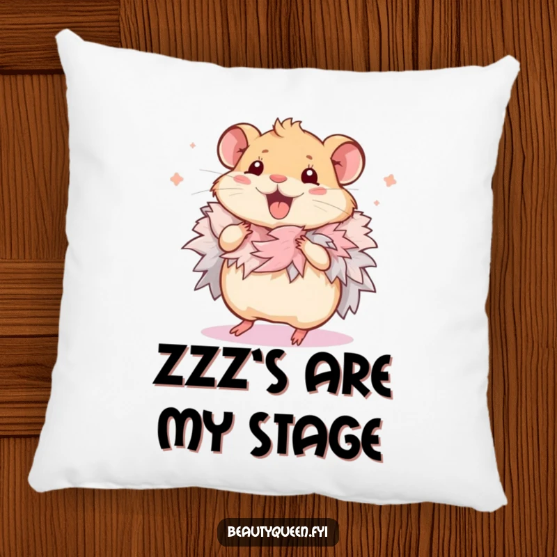Funny Hamster Pillow: Plush cushion featuring a squeaking hamster character wearing a feathered boa, doing a happy little dance.