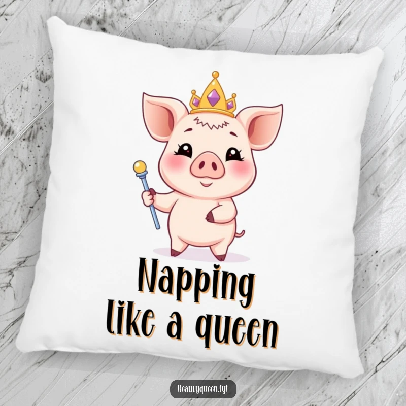 Funny piglet pillow featuring a smiling piglet with a pastel tiara and scepter, a soft and humorous home accent.