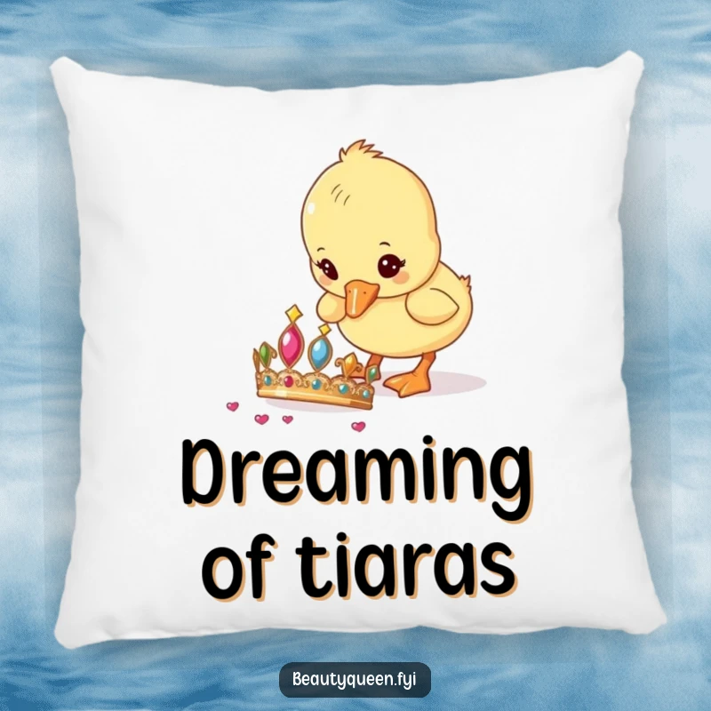 Funny Pillow showing a cute duckling curiously investigating a dropped tiara, bringing playful vibes to any room.