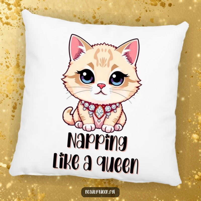 Funny Pillow decorated with a regal cat sporting a flashy, glittering rhinestone collar, promising comfort and a good laugh.