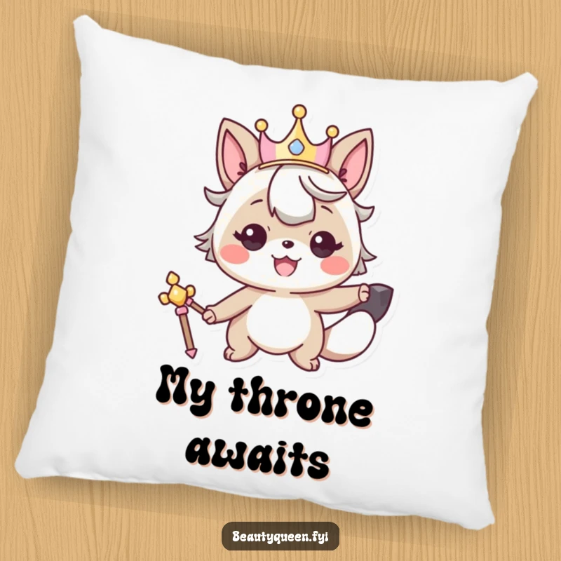 Funny pillow featuring a smiling animal character wearing a crown and holding a scepter, offering plush, regal comfort.