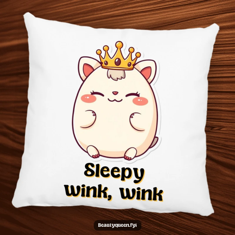 Funny pillow with a chubby animal character wearing a tiny crown, winking playfully, offering plush, whimsical comfort.