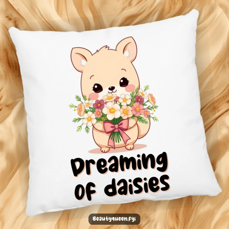 Funny pillow with an adorable animal holding a bouquet of flowers, tied with a sophisticated, regal bow.