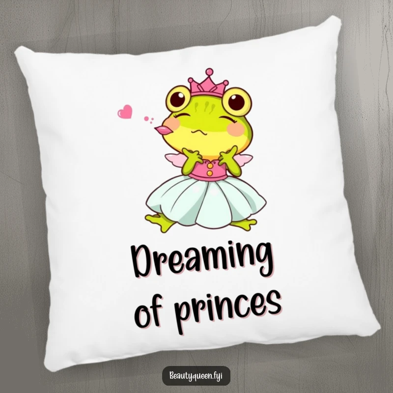 Funny Princess Frog Pillow, a cute frog princess in a dress, joyfully blowing a kiss, offering comfort and humor.