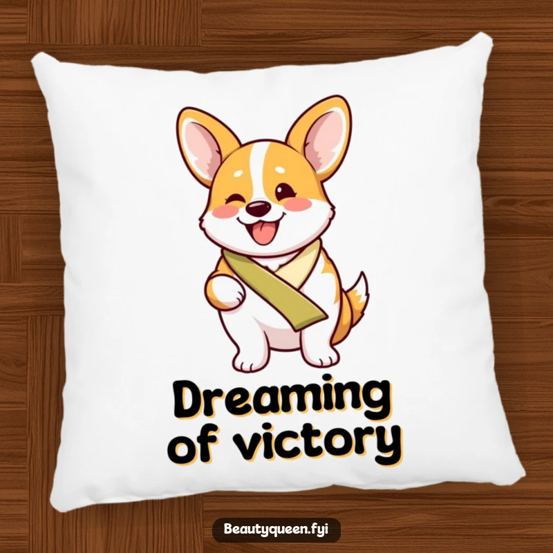 Funny proud corgi wearing a sash, beaming with excitement on a soft and decorative accent pillow.