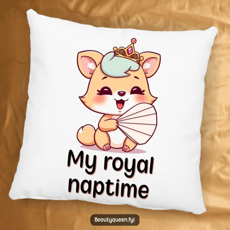 Funny pillow showcasing a playful animal with a tilted tiara, giggling behind a fan, adding a touch of humor.