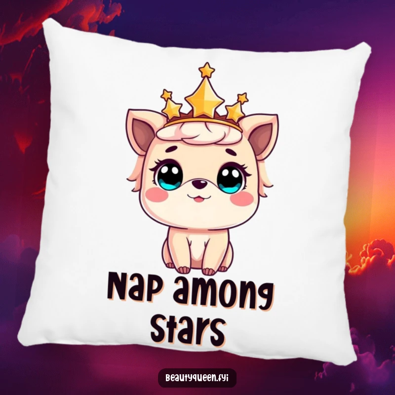 Funny pillow designed with a sweet animal wearing a star-adorned crown, captured in a moment of delightful amazement.