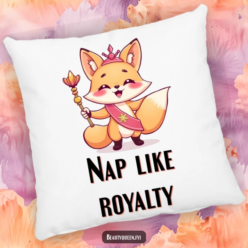 Funny pillow featuring a giggling fox in a shimmering sash, triumphantly posing with a scepter, bringing regal humor to any seating.