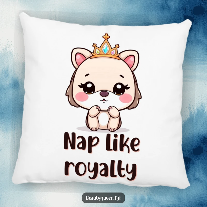 Funny pillow with a cute animal wearing a sparkly tiara, blowing a kiss goodbye, adding plush, regal charm.