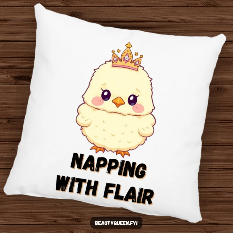 Funny Pillow showing a fluffy chick sporting a tiny, sparkly tiara askew, bringing playful and cozy vibes to any room.