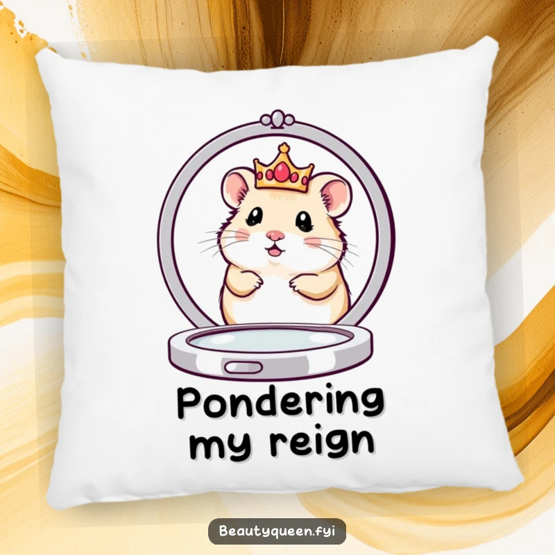 Funny pillow featuring a cute hamster queen in a tiny crown, peeking from behind a large compact mirror, offering cozy royal charm.