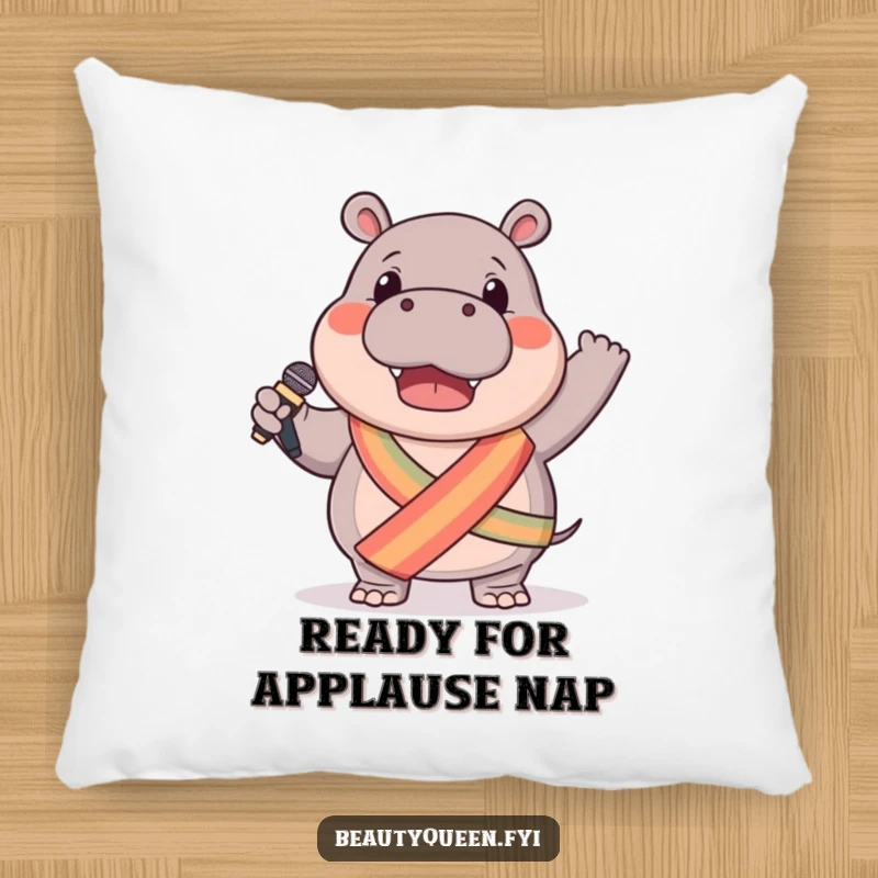 Funny hippo pillow featuring a gentle hippo wearing a sash and holding a microphone, perfect for comfortable, musical-themed decor.