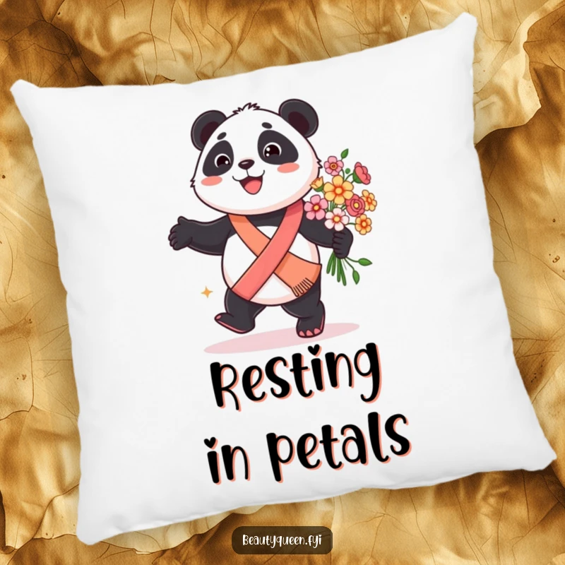 Funny panda pillow featuring a smiling panda wearing a sash and holding a bouquet of flowers, perfect for cozying up.