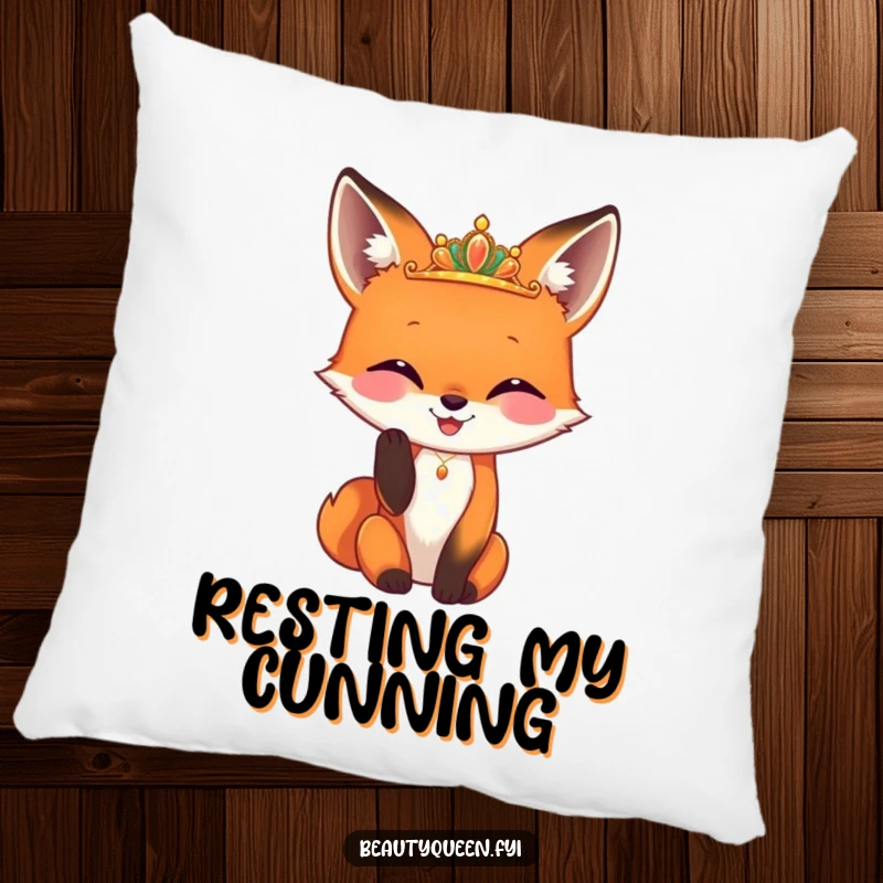 Funny fox pillow with a happy fox adjusting a tiny, gleaming diadem, offering cozy comfort and hilarious foxy elegance.