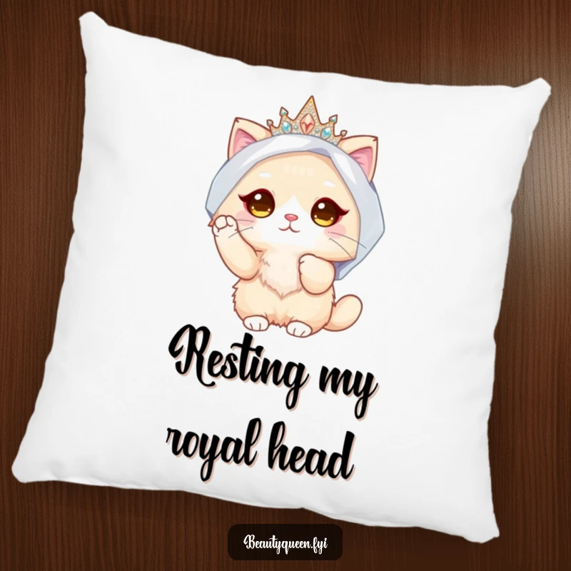 Funny Cat Bride Pillow: Soft and plush pillow featuring a fluffy cat wearing a sparkly crown and veil, adjusting her look with a paw.