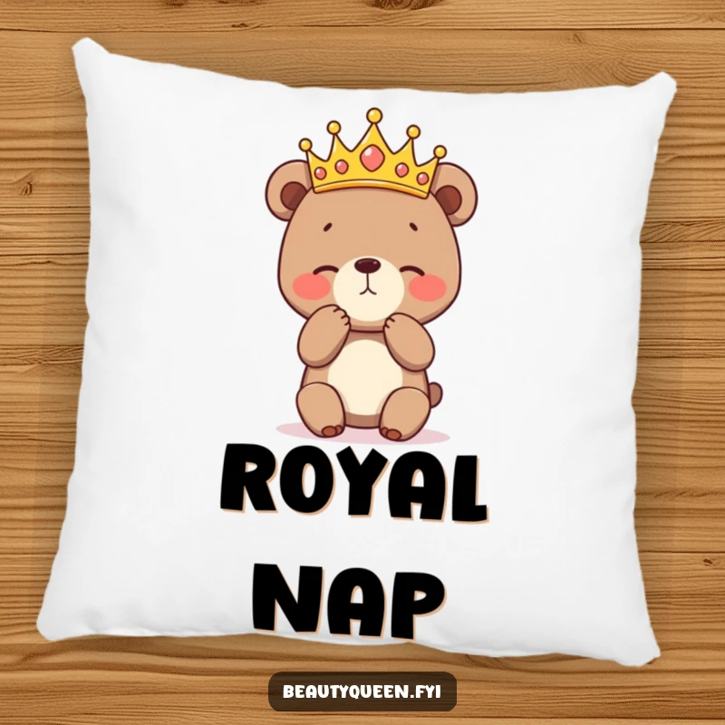 Funny pillow designed with a bashful bear cub wearing a crown and practicing a curtsey, offering comfort and a dose of adorable humor.