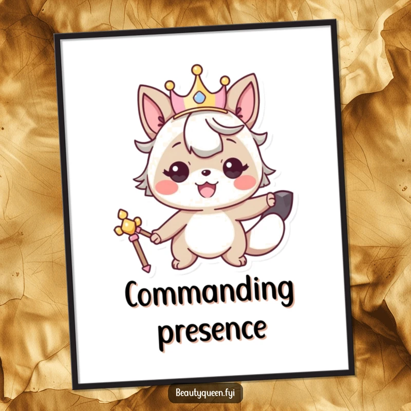 Funny digital art print of a smiling animal character wearing a crown and holding a scepter, exuding regal charm.