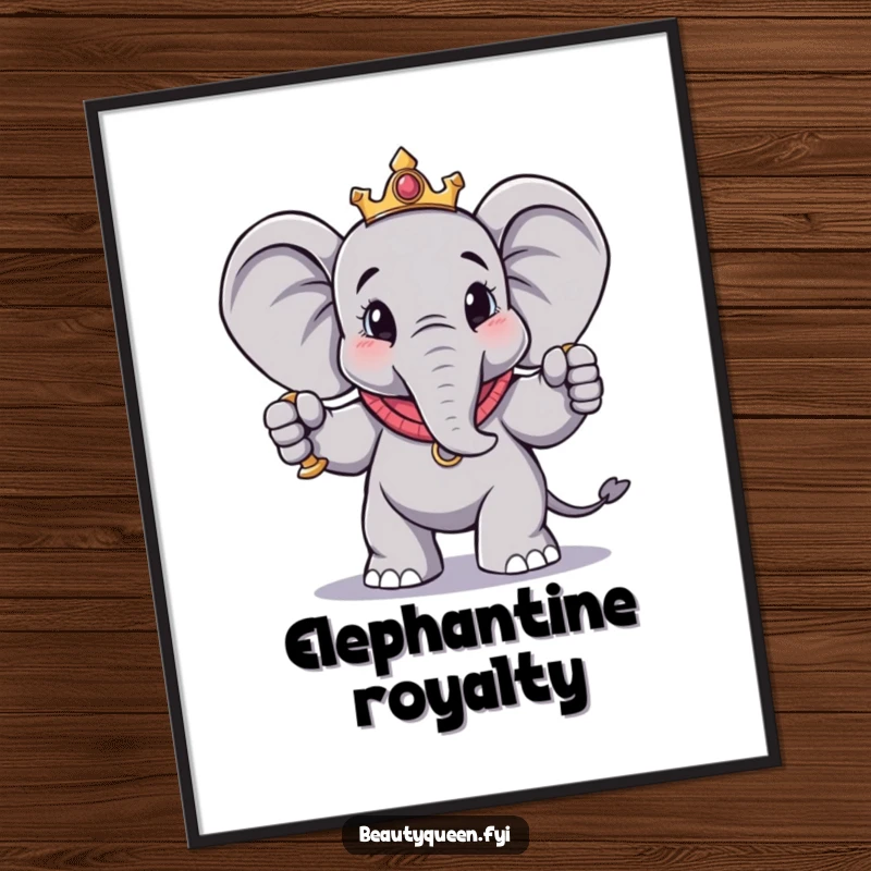 Funny elephant digital art print of a regal elephant striking a dramatic pose with a scepter, offering instant download for majestic and humorous decor.