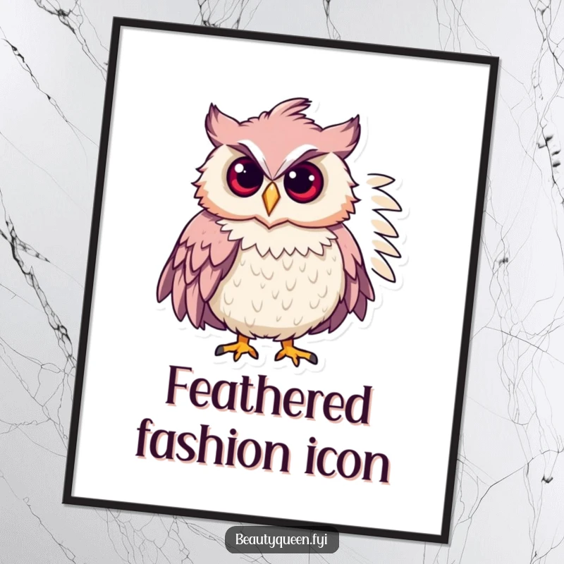 Funny chic owl with a feathered boa, striking a confident pose, presented as high-resolution digital art.