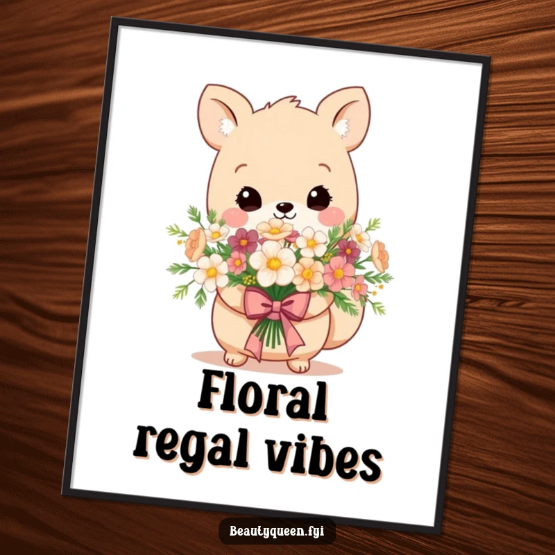 Funny digital art print of an adorable animal holding a bouquet of flowers, tied with a regal bow, charming.