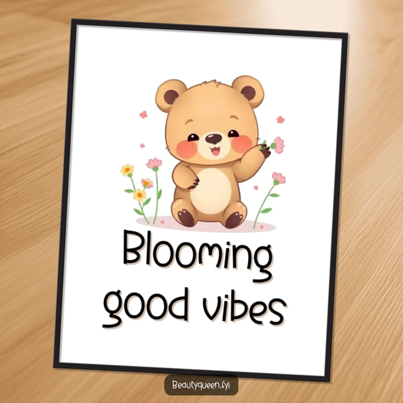 Funny digital art print of a small bear cub clumsily juggling tiny blooming flowers.