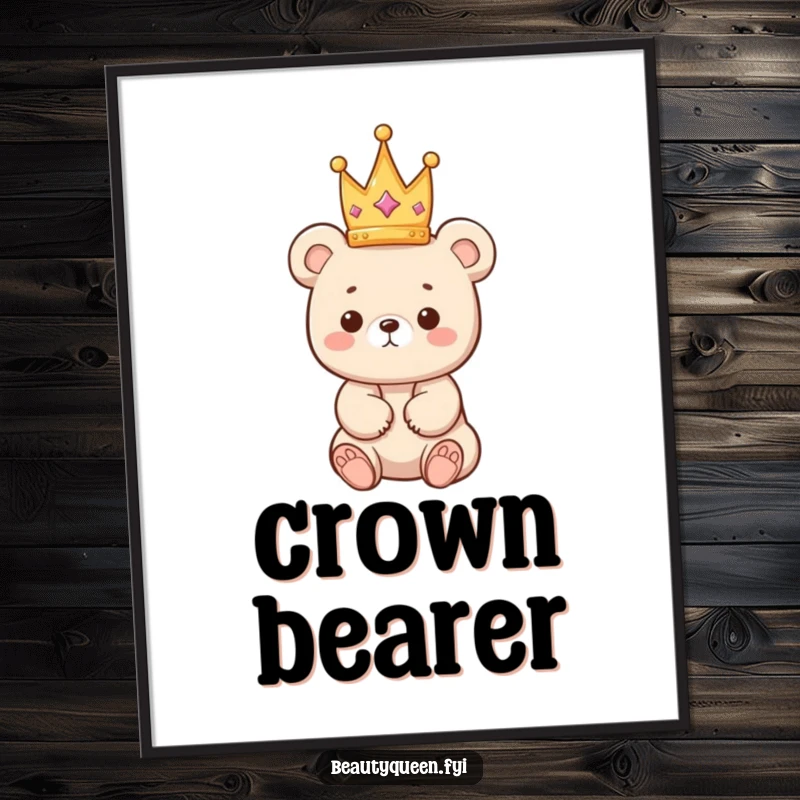 Funny bear digital art print of a kawaii bear cub precariously balancing a tiny crown, ideal for charming wall decor.