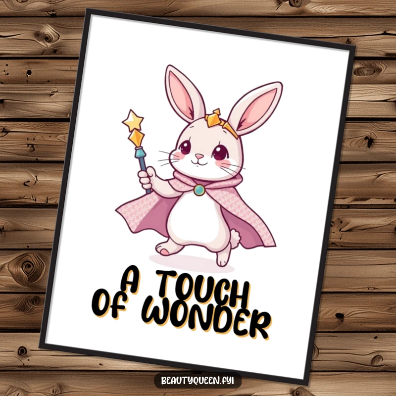 Funny bunny digital art print of a cute bunny in a glittering cape, zooming with a scepter, full of magical energy.