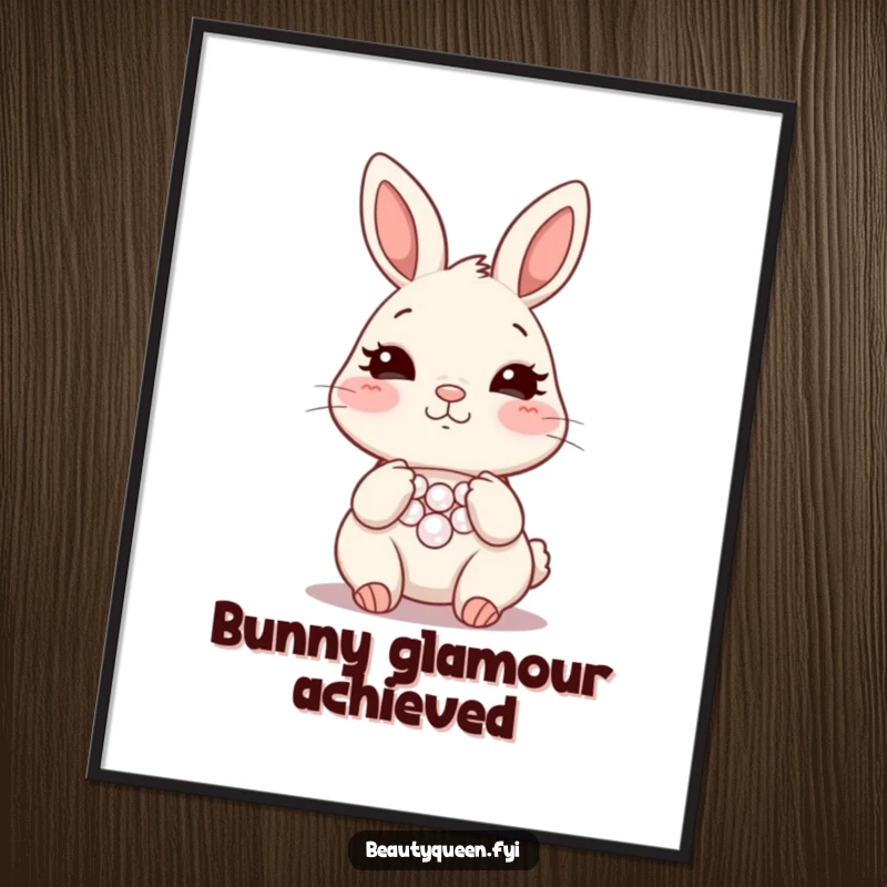 Funny bunny necklace digital art print, blushing rabbit illustration, instant download for chic decor, a humorous and cute gift.