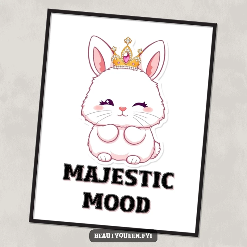 Funny digital art print of a fluffy bunny wearing a sparkly tiara, winking and blowing a kiss.