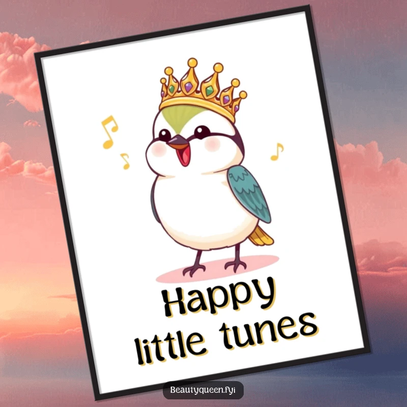 Funny Chickadee Digital Art: A charming chickadee in a royal headdress chirps a happy tune, bringing funny royal music digitally.