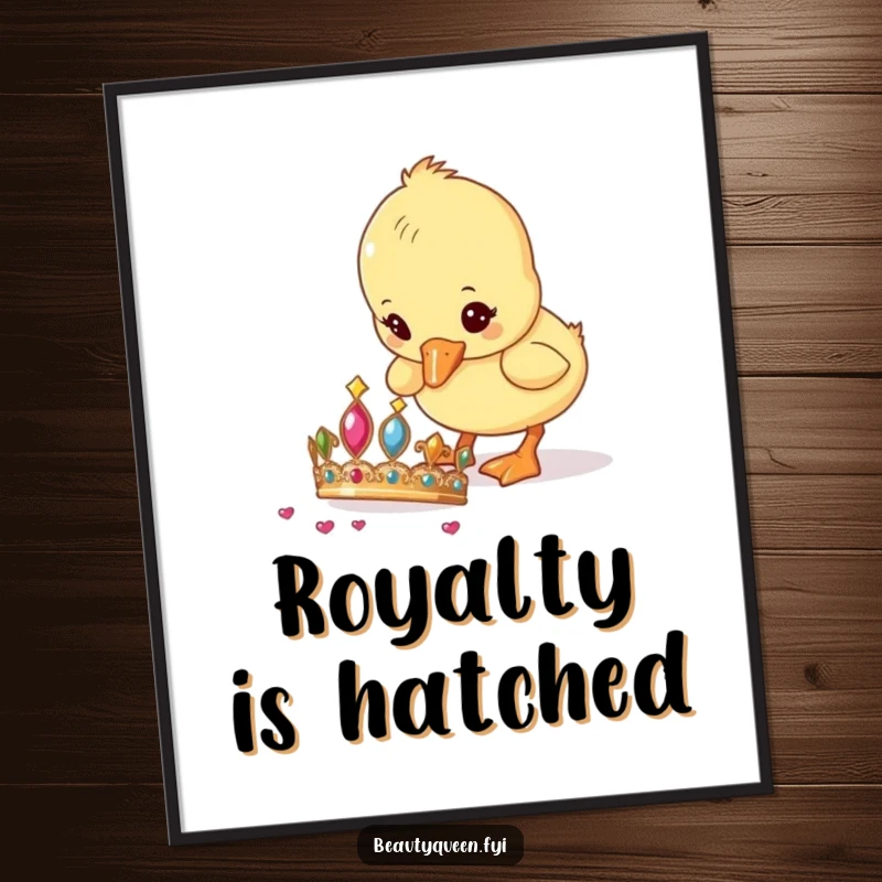 Funny Digital Art Print of a curious duckling pecking at a fallen tiara, creating a whimsical and humorous wall decoration.