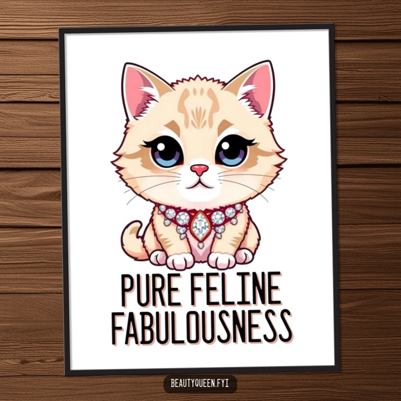 Funny Digital Art Print of a majestic cat wearing a glamorous, glittering rhinestone collar, perfect for a stylish and humorous home accent.