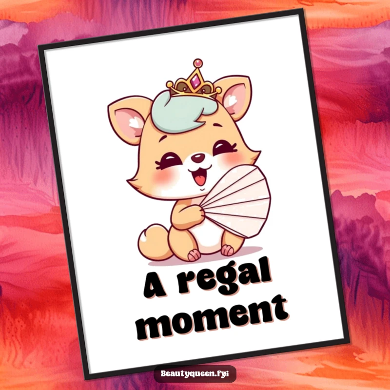 Funny digital art print of a playful animal with a tilted tiara, giggling behind a fan, capturing a moment of mirth.