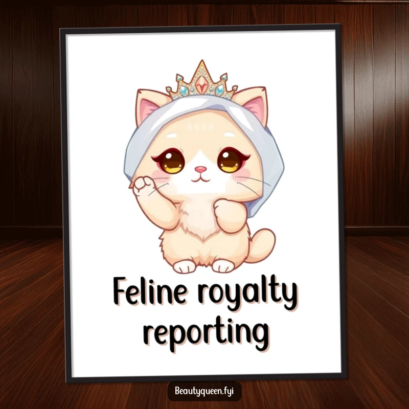 Funny Cat Bride Digital Art Print: High-resolution artwork of a fluffy cat wearing a crown and veil, adjusting her bridal look.